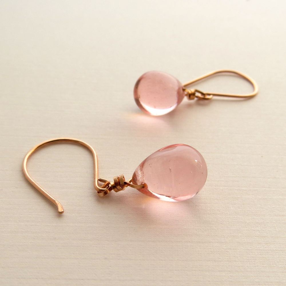 Pink glass droplet earrings Makou Kahili Creations Handmade Jewelry from Hawaii Made in Hawaii