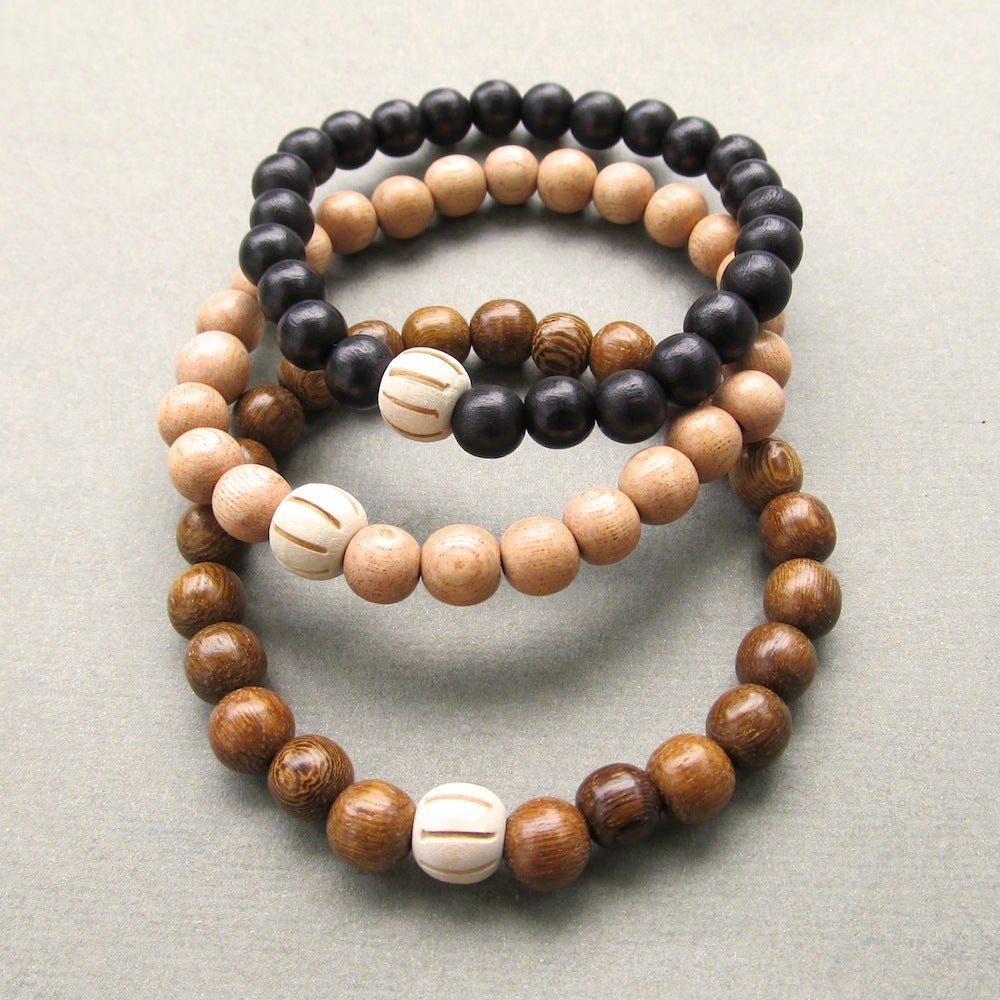 Wooden Beaded Bracelets With Carved Bead Choose Your Colour Jewellery By Lowusu