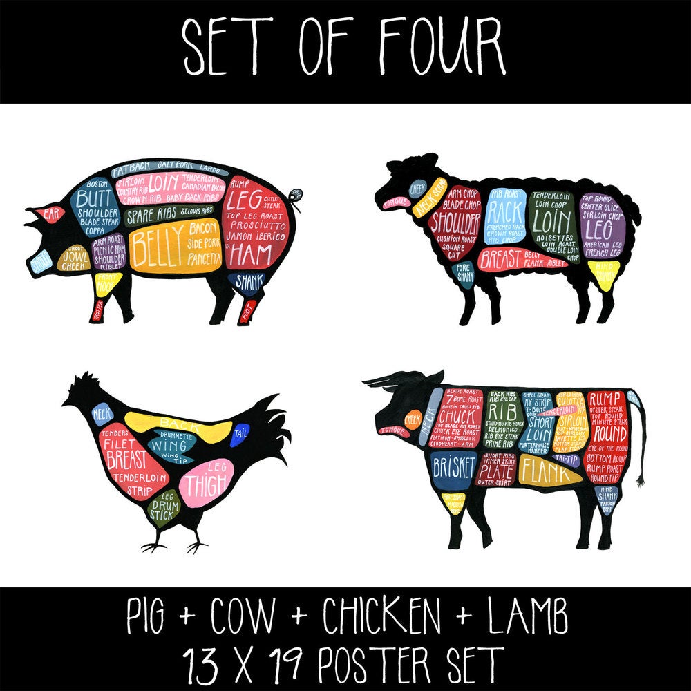 Set of FOUR - Cow, Pig, Chicken and Lamb Butchery Diagram Prints