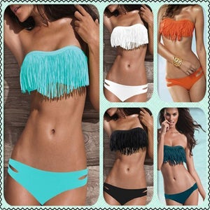 bikini fringe bandeau padded bathing piecs suits piece swimsuit bottom