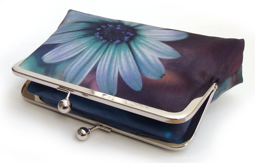 Daisy clutch bag, blue flower purse, printed silk handbag - Red Rub...