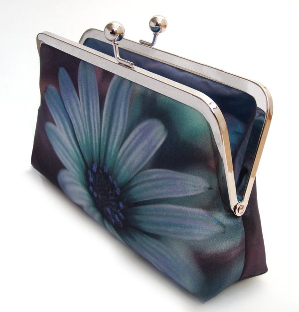 Daisy clutch bag, blue flower purse, printed silk handbag - Red Rub...