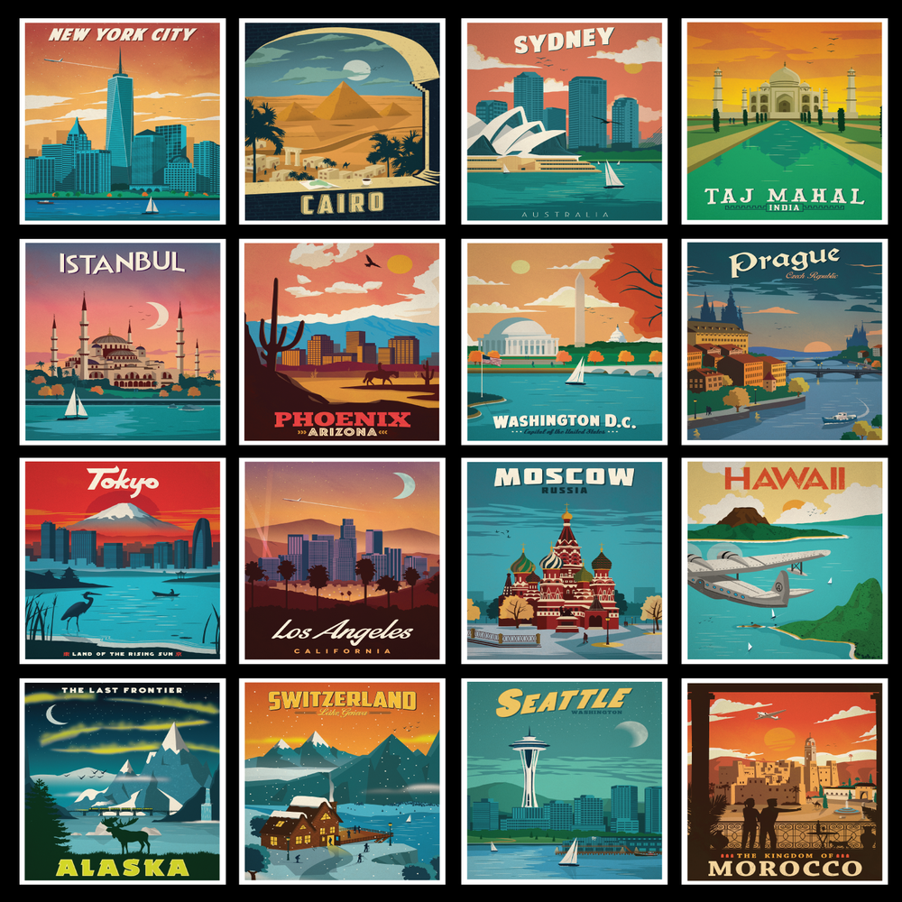 world travel postcard series