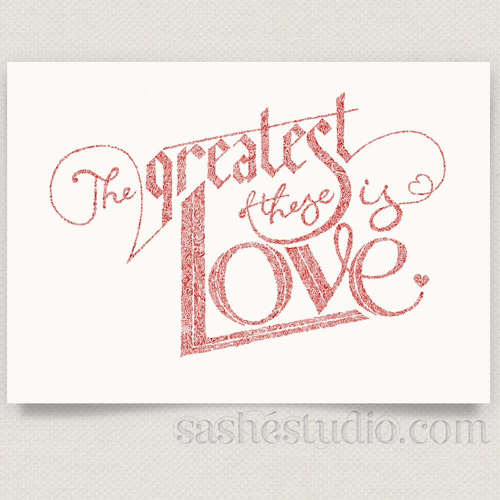 Sashé Studio Shoppe — Greatest of These is Love Bible Inspired Greatest of These is Love Bible Inspired Verse Abstract Doodle Drawing A4 Fine Art Print in RED