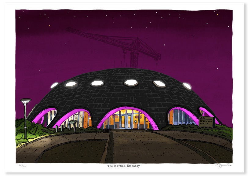 Image of The Martian Embassy at night Limited Edition Digital Print