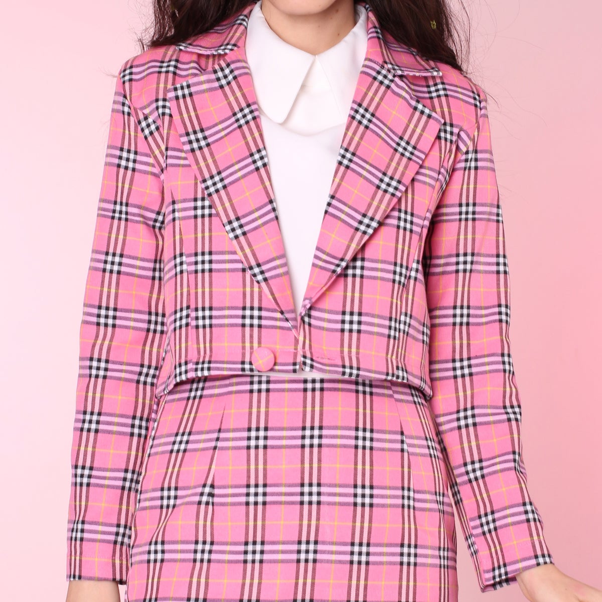 Made To Order Cher Pink Tartan Blazer Glitters For Dinner