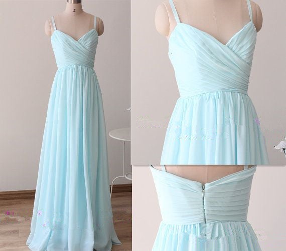 Beautiful Simple Blue  Straps Long Prom  Gowns  Light  Blue  