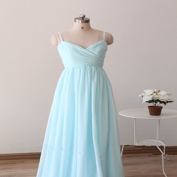 Beautiful Simple  Blue  Straps Long Prom Gowns  Light Blue  