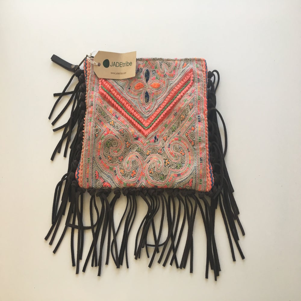 JADEtribe Panada Suede Fringe Pink Clutch