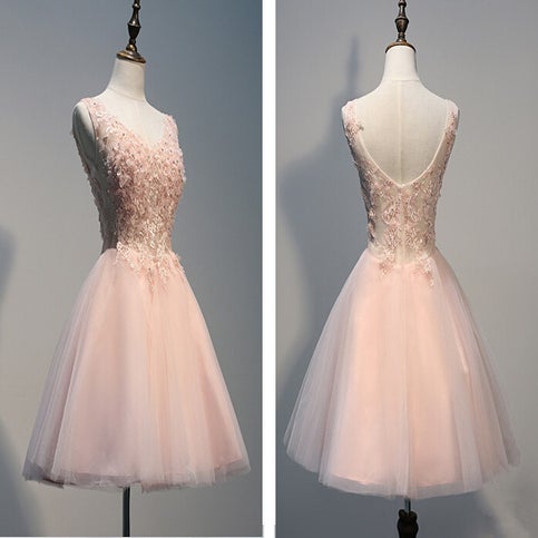 Lovely Light Pink Tulle Short Prom Dress with Lace Applique, Pink