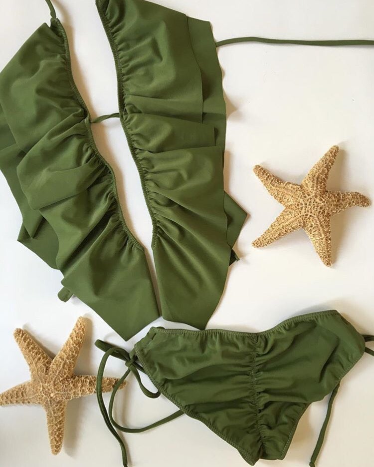 Image of Sale bikini ruffle triangle olive green s/m last one