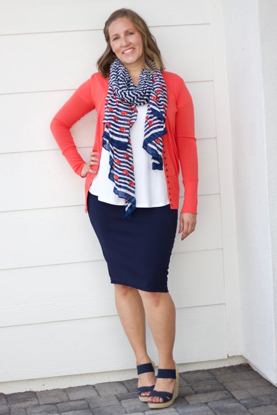 navy blue skirt with pink top