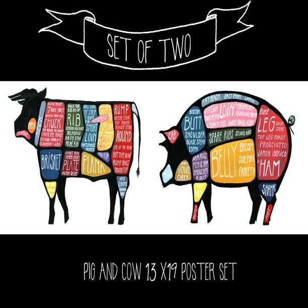 Set of TWO - Pig and Cow Butchery Diagrams | Drywell Art cow meat diagram 